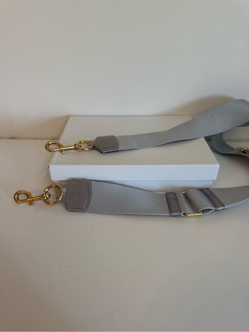 Marc Jacobs Gray Silver Shimmer Webbing Bag Strap Gold Hardware Adjustable NWT